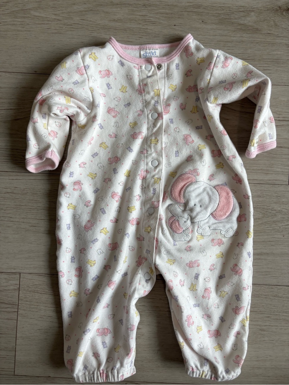 Carters Vintage light pink and white baby footed sleeper elephant